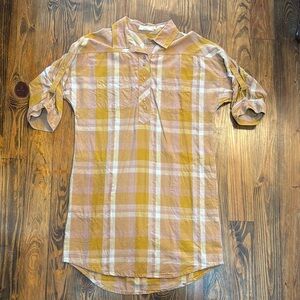 Prana Mini Dress Tan, Yellow & Pink Plaid Shirt Dress with Pockets